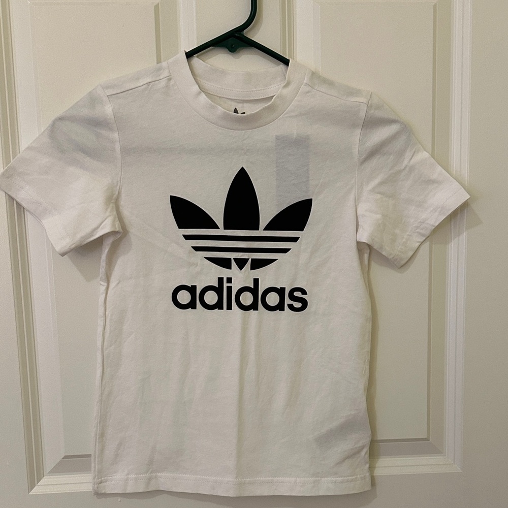 Adidas Kids Tee in White with Oversized Black Trefoil, Size 7-8 Youth